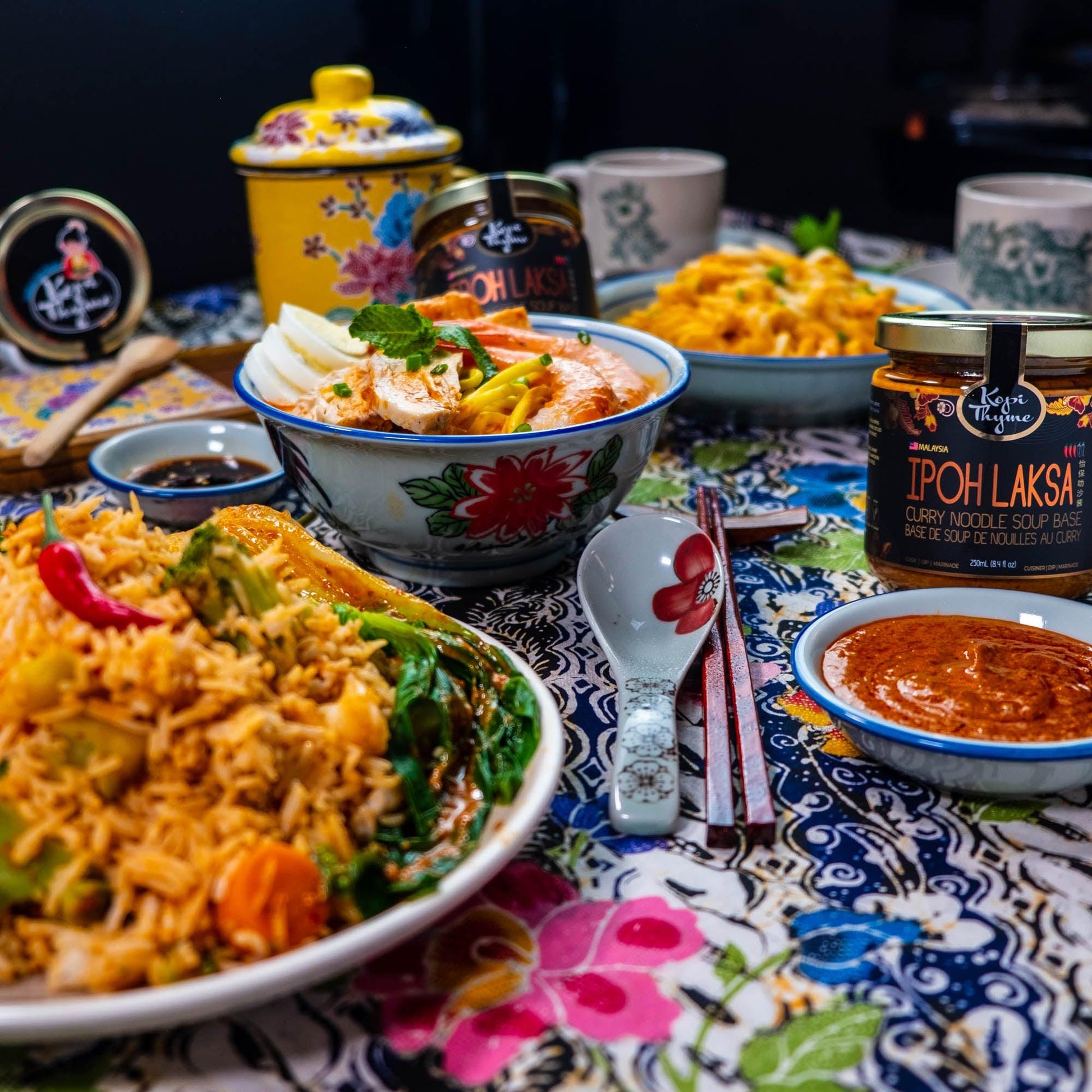 plant based laksa makes it easy to add flavour. cook up a soup, stir fry, pasta and it adds savoury, heat to you dishes. kopi thyme's ipoh laksa is inspired by traditional heritage recipe.