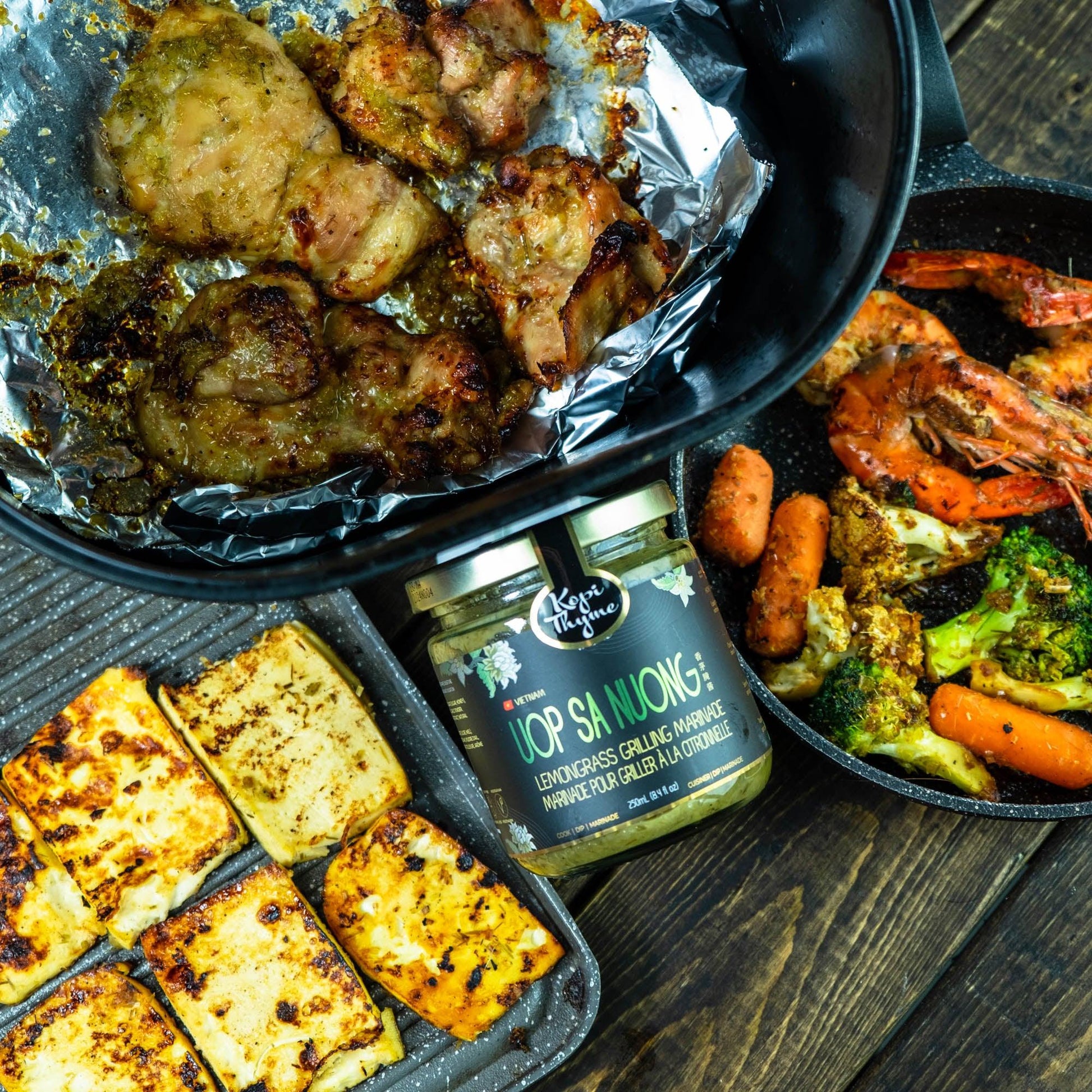 simple marinade with big flavours. makes great with literally anything, meat, tofu, vegetables or seafood. kopi thyme's version is vegetarian friendly and delicious.